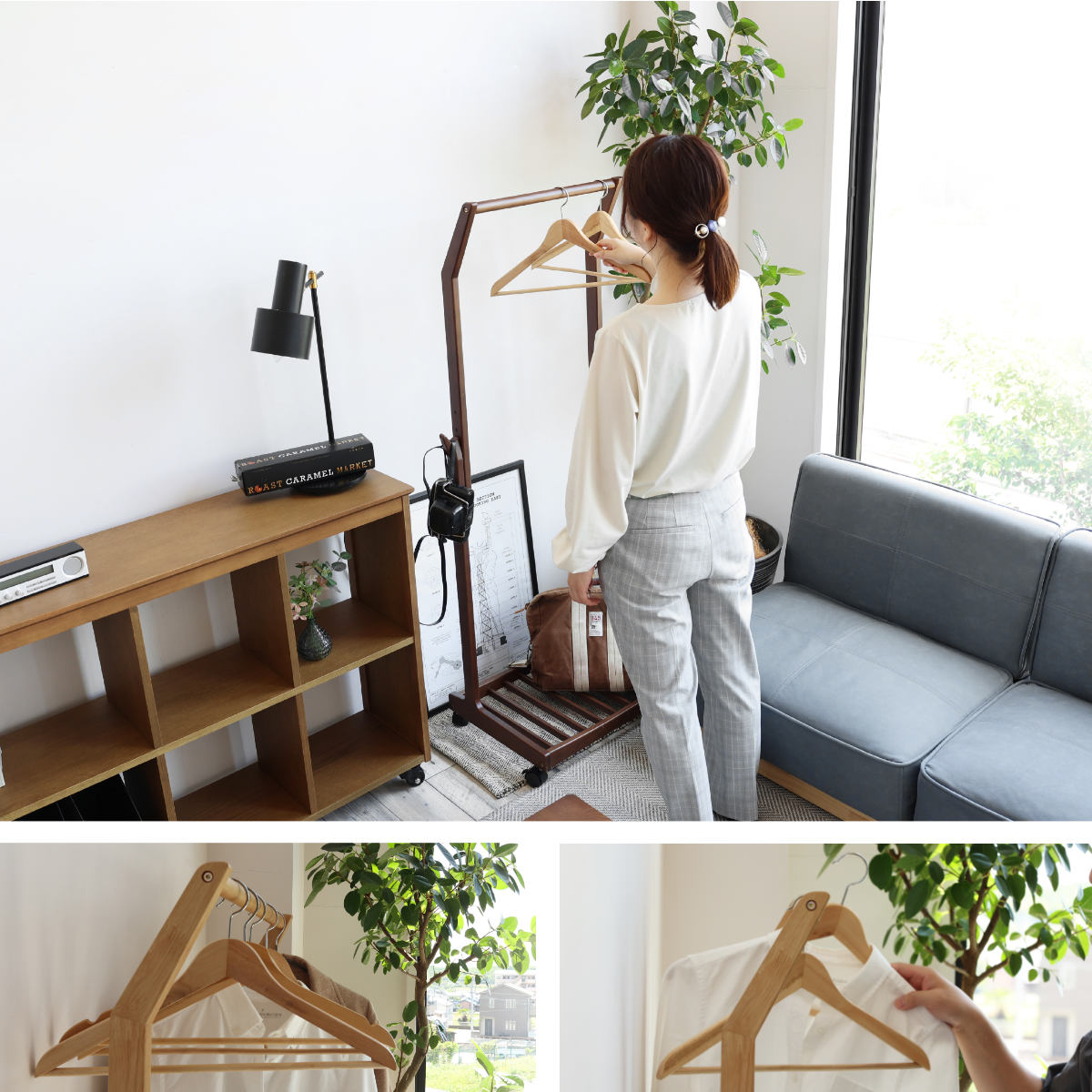 ハンガーラック 幅58.5cm 高さ調節可能 キャスター付 子ども 天然木