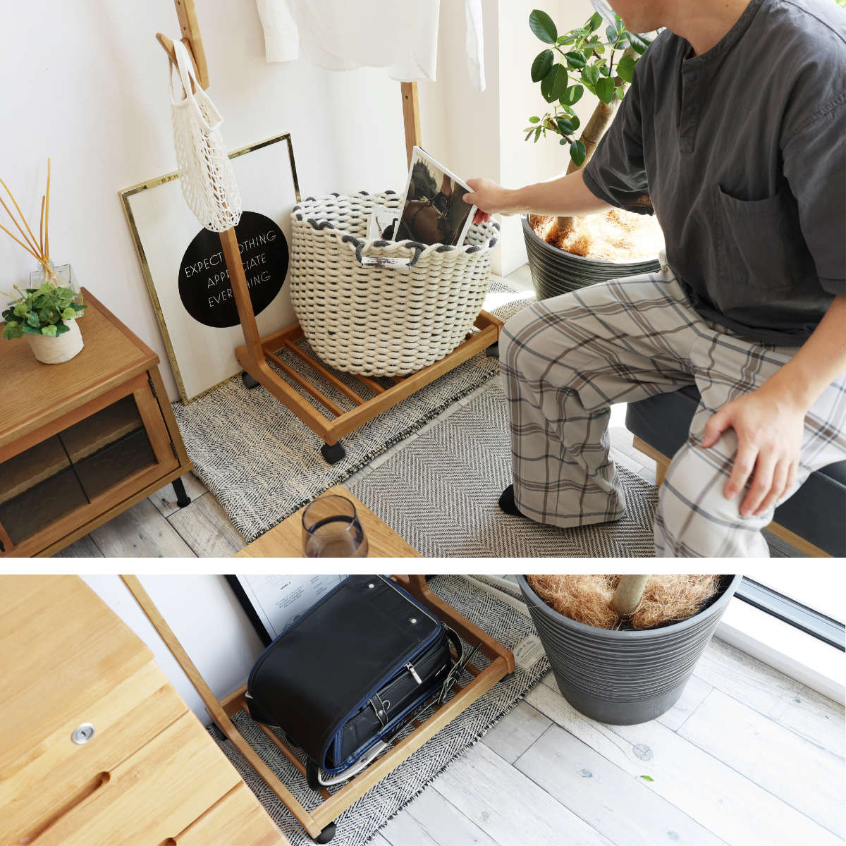 ハンガーラック 幅58.5cm 高さ調節可能 キャスター付 子ども 天然木