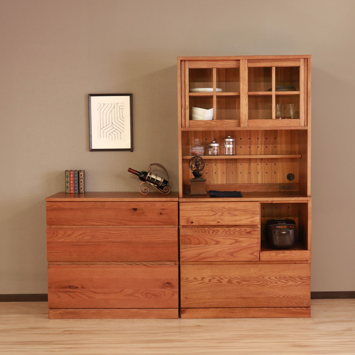 食器棚 幅90.5cm スライド棚 天然木 ハイム （ HEIM カップボード 棚