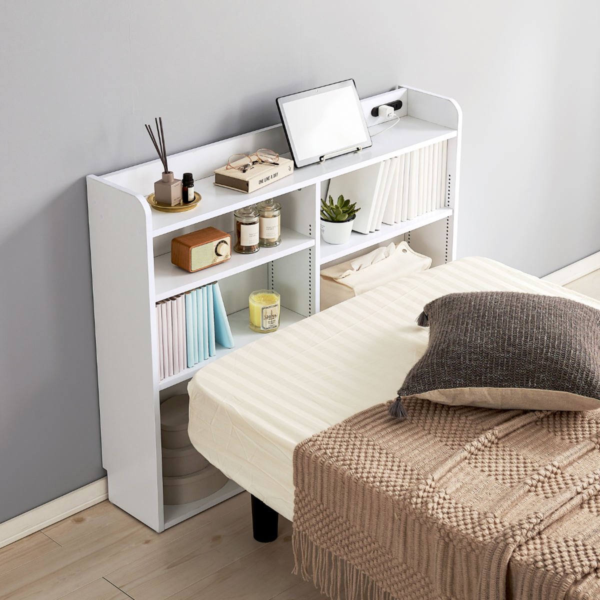 HAGiHARA（萩原） ヘッドボード 幅98cm 2口コンセント 可動棚 1cm