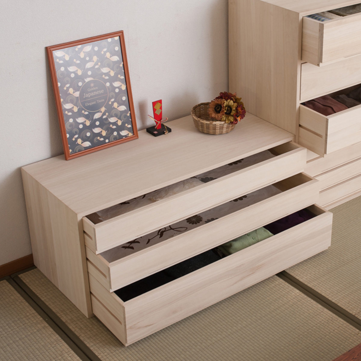 桐タンス 幅100.5cm 3段 組み合わせ 白木 無塗装 （ 桐 たんす 収納 木