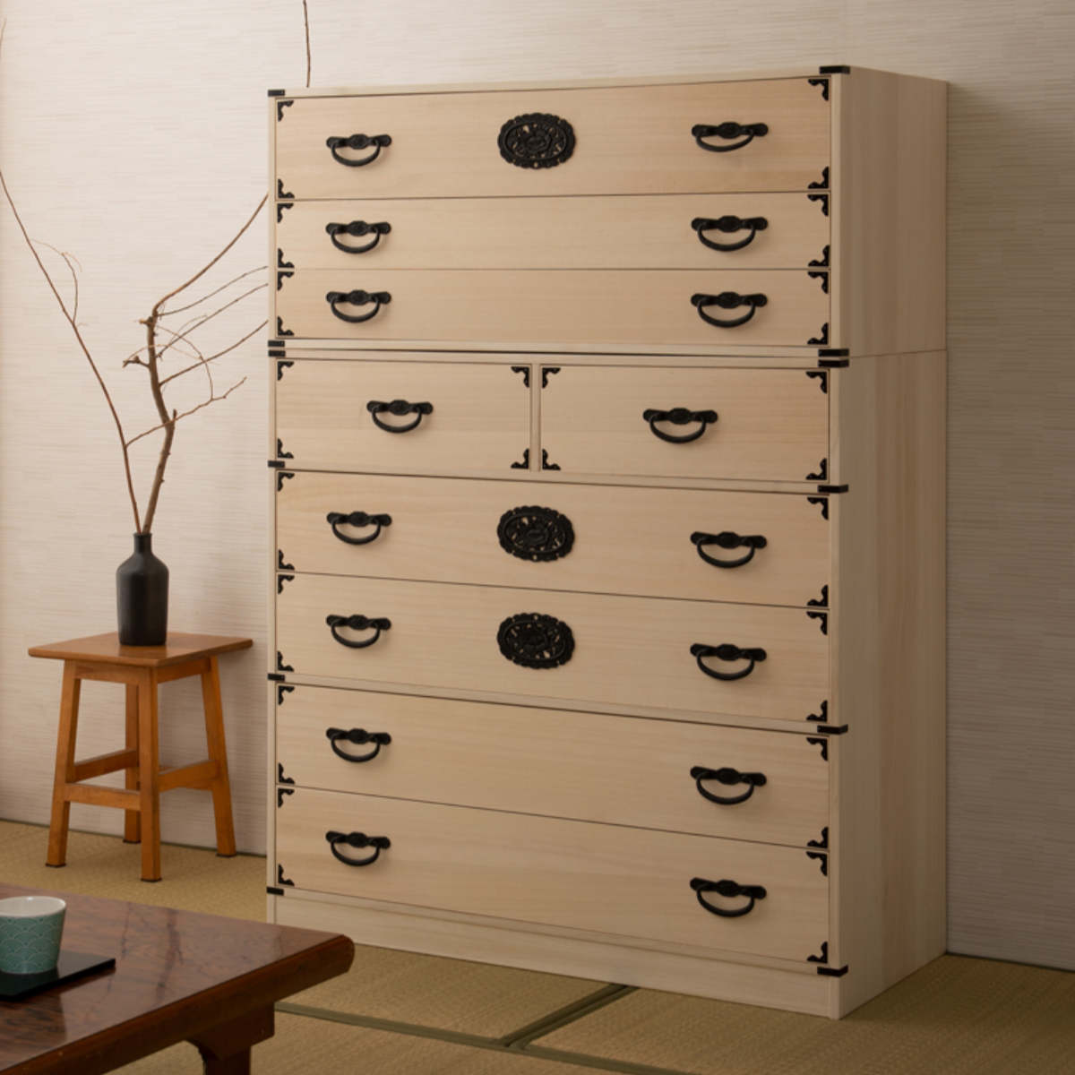 桐 民芸箪笥 幅100cm 3段 生地仕上げ 積み重ね 室町 （ たんす 収納