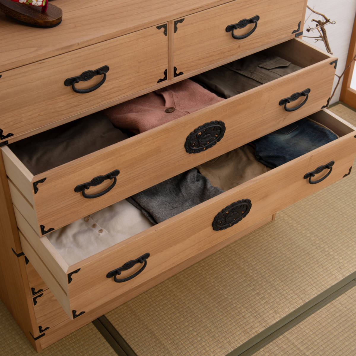 桐 民芸箪笥 幅100cm 5段 水性塗装 積み重ね 室町 （ たんす 収納