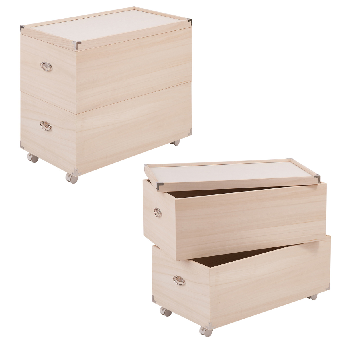 apricot　人形用木製収納ケース(BOX付き) ハンドメイド　ブライス 桐 ひな人形ケース 幅42cm 2段 キャスター付 日本製 完成品 （ 収納