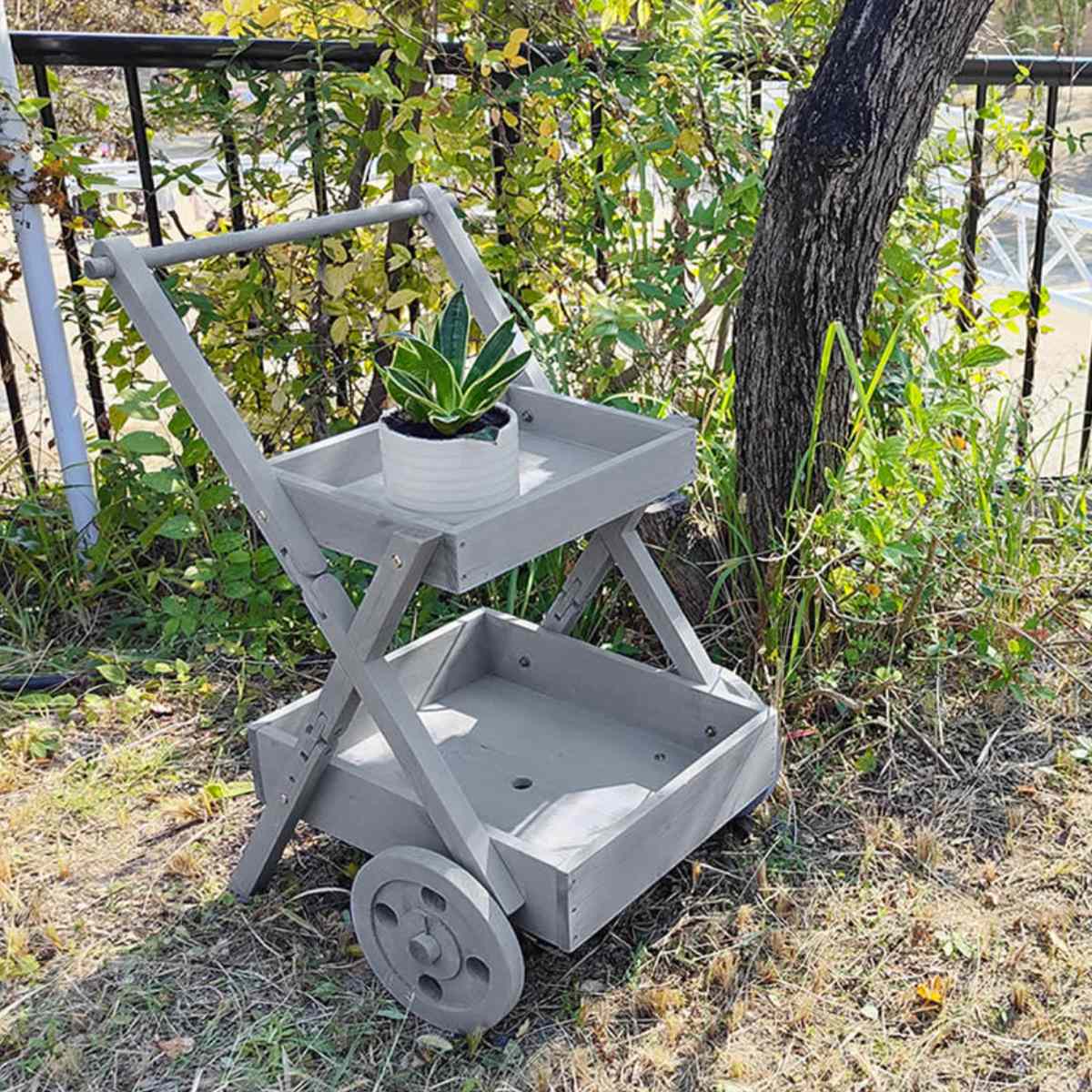 天然木製 ワゴン型 プランタースタンド （ フラワースタンド ワゴン