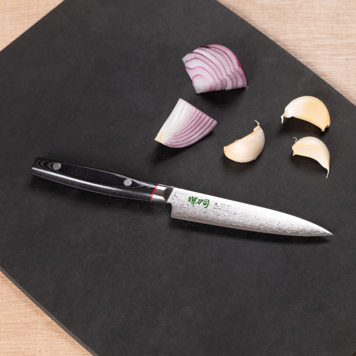 ペティナイフ 12cm 九間丁 ダマスカス鋼割込 黒マイカルタ 堺刀司 日本