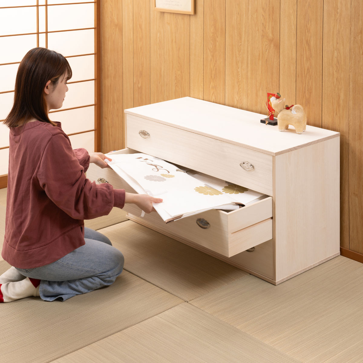 桐タンス 幅99.5cm 3段 シルバー金具 キャスター付 日本製 （ 桐