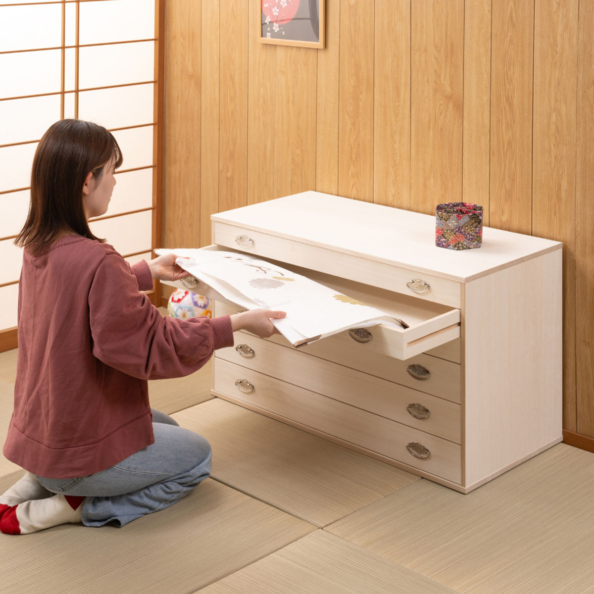 桐タンス 幅99.5cm 4段 シルバー金具 キャスター付 日本製 （ 桐