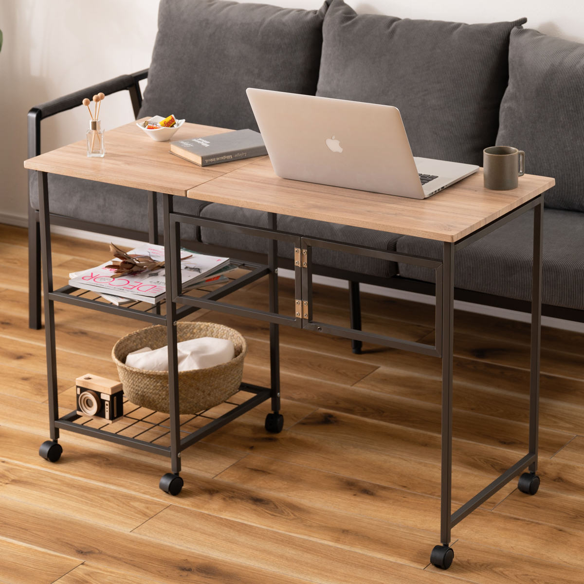 東谷 ワークデスク 折りたたみ 幅46cm 107cm ラック2段 キャスター付