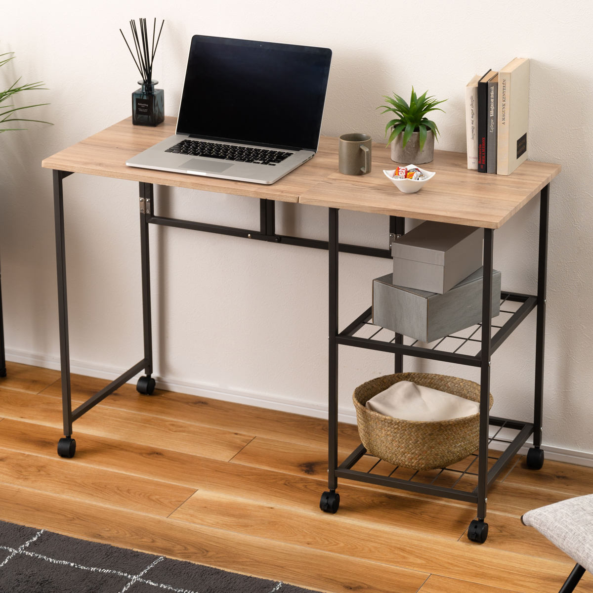 東谷 ワークデスク 折りたたみ 幅46cm 107cm ラック2段 キャスター付