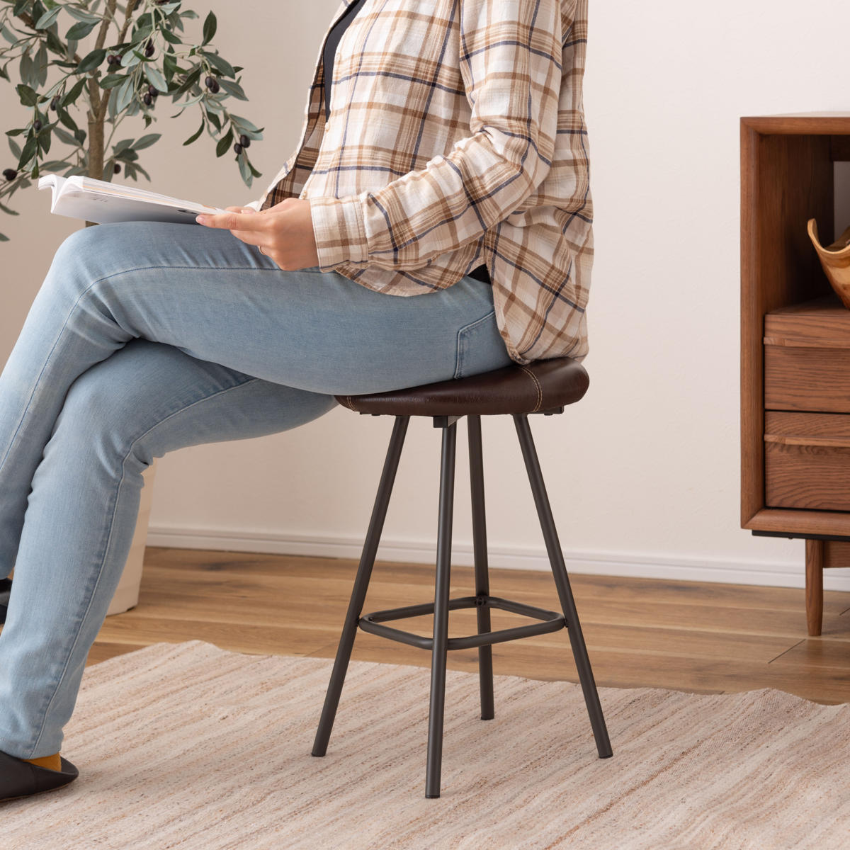 東谷 スツール 高さ45cm 座面丸型 レザー （ 丸 スチール ダイニング