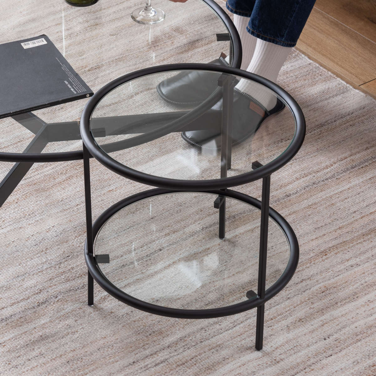 東谷 サイドテーブル 円型 高さ38.5cm 2段 ラウンドガラステーブル2D