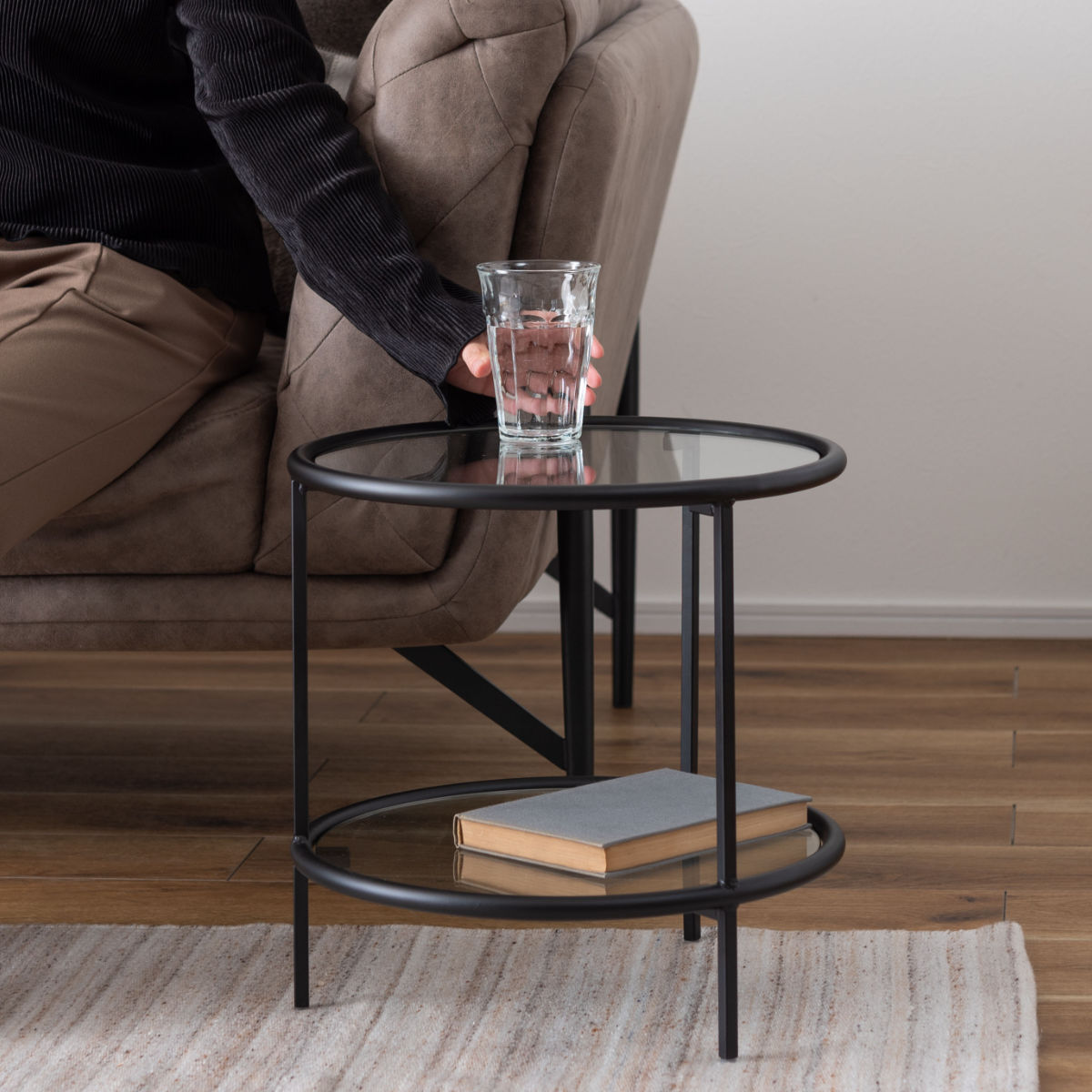 東谷 サイドテーブル 円型 高さ38.5cm 2段 ラウンドガラステーブル2D