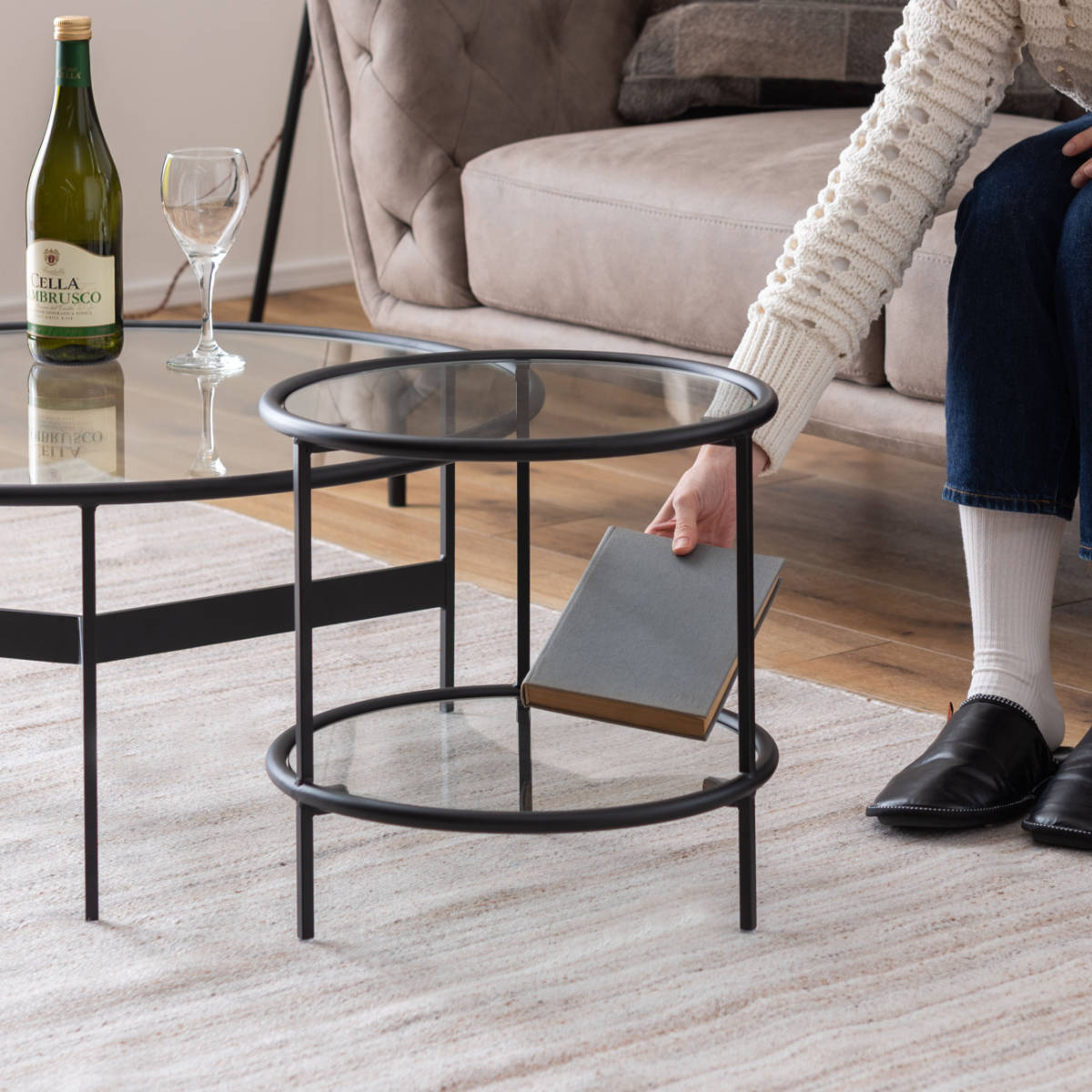 東谷 サイドテーブル 円型 高さ38.5cm 2段 ラウンドガラステーブル2D