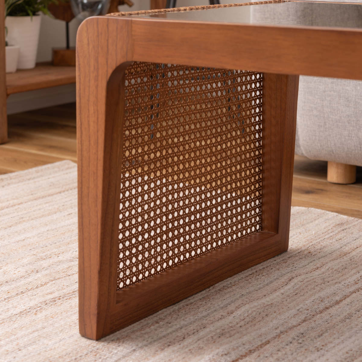 東谷 センターテーブル 幅90cm ガラステーブル ラタン （ 机 リビング