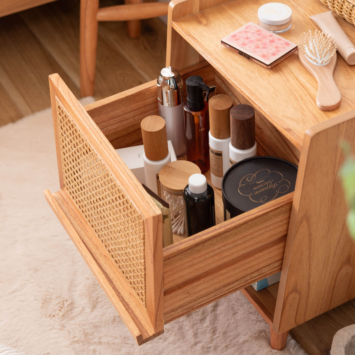 東谷 サイドテーブル 高さ52cm 引出し付 ラタン ナイトテーブル （ 机