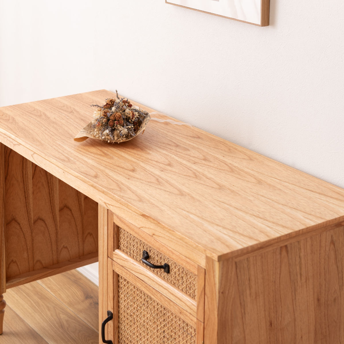 東谷 デスク シンプル 幅112cm 引出し付 ラタン （ 机 パソコンデスク