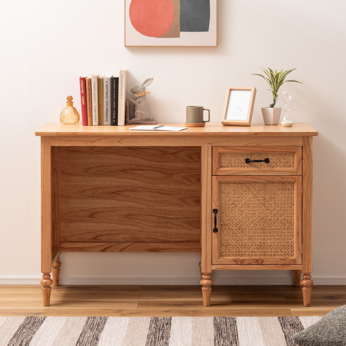 東谷 デスク シンプル 幅112cm 引出し付 ラタン （ 机 パソコンデスク