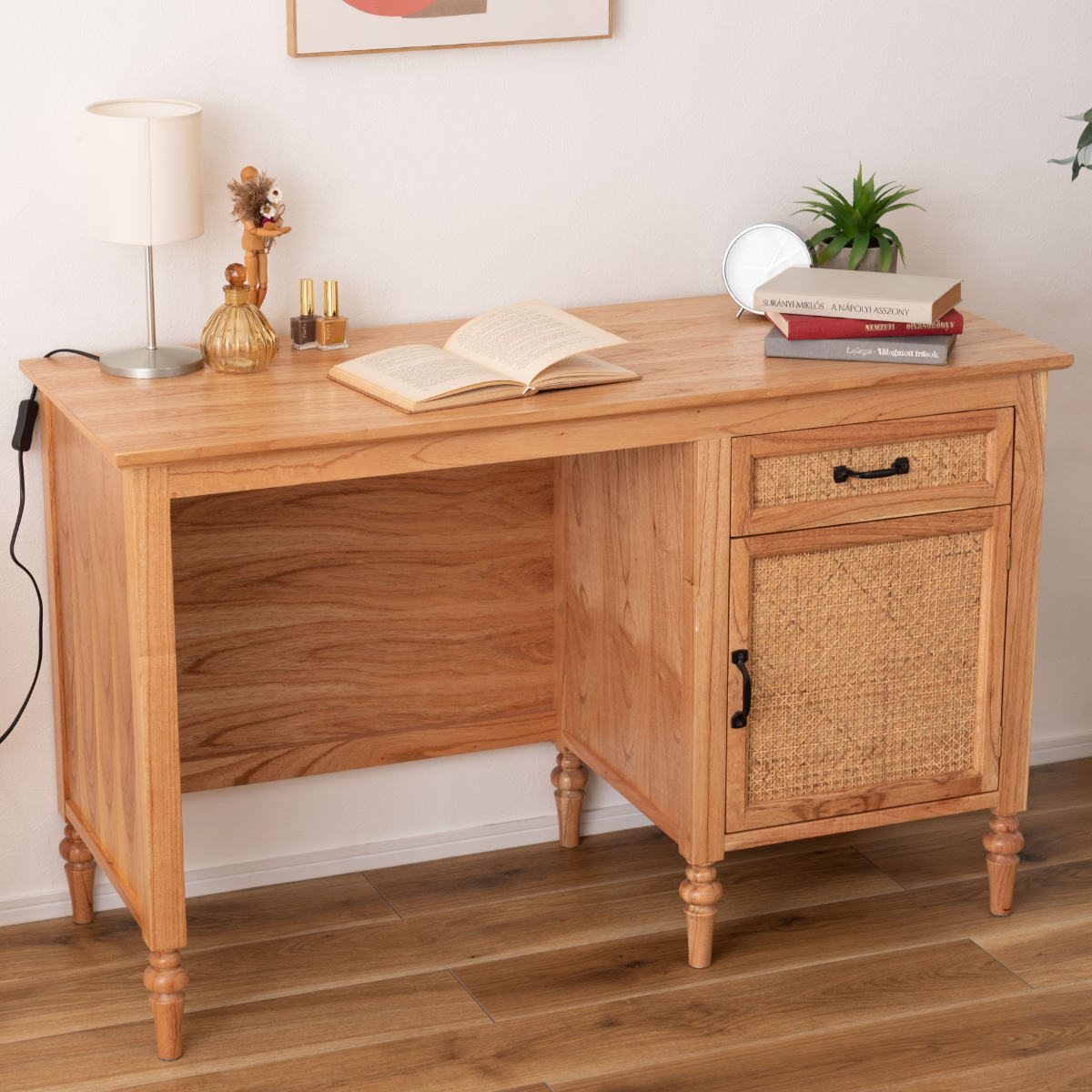 東谷 デスク シンプル 幅112cm 引出し付 ラタン （ 机 パソコンデスク