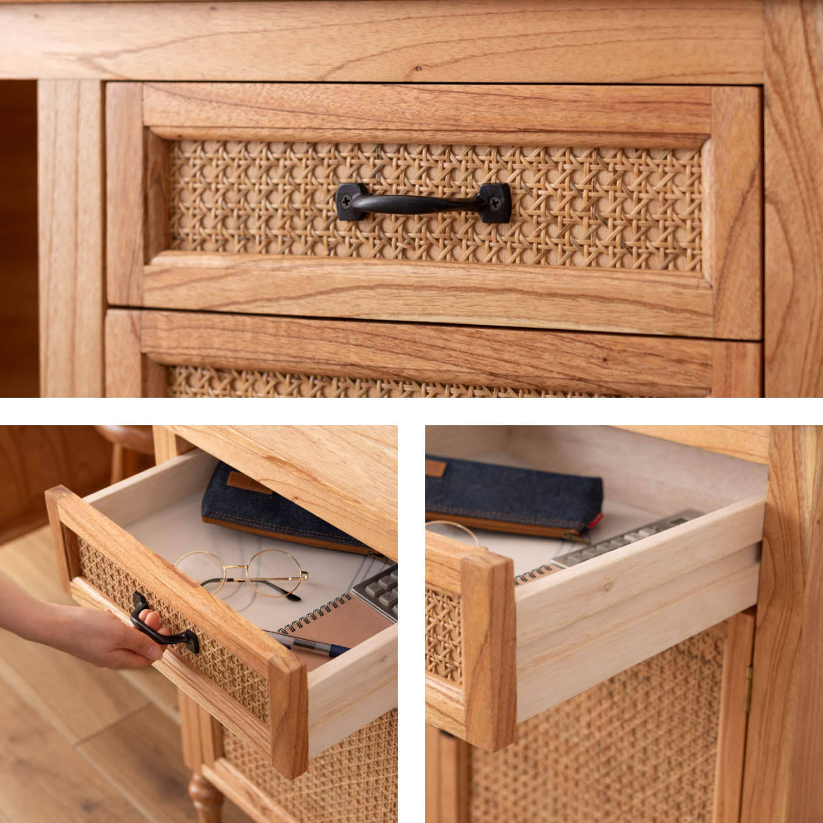 東谷 デスク シンプル 幅112cm 引出し付 ラタン （ 机 パソコンデスク