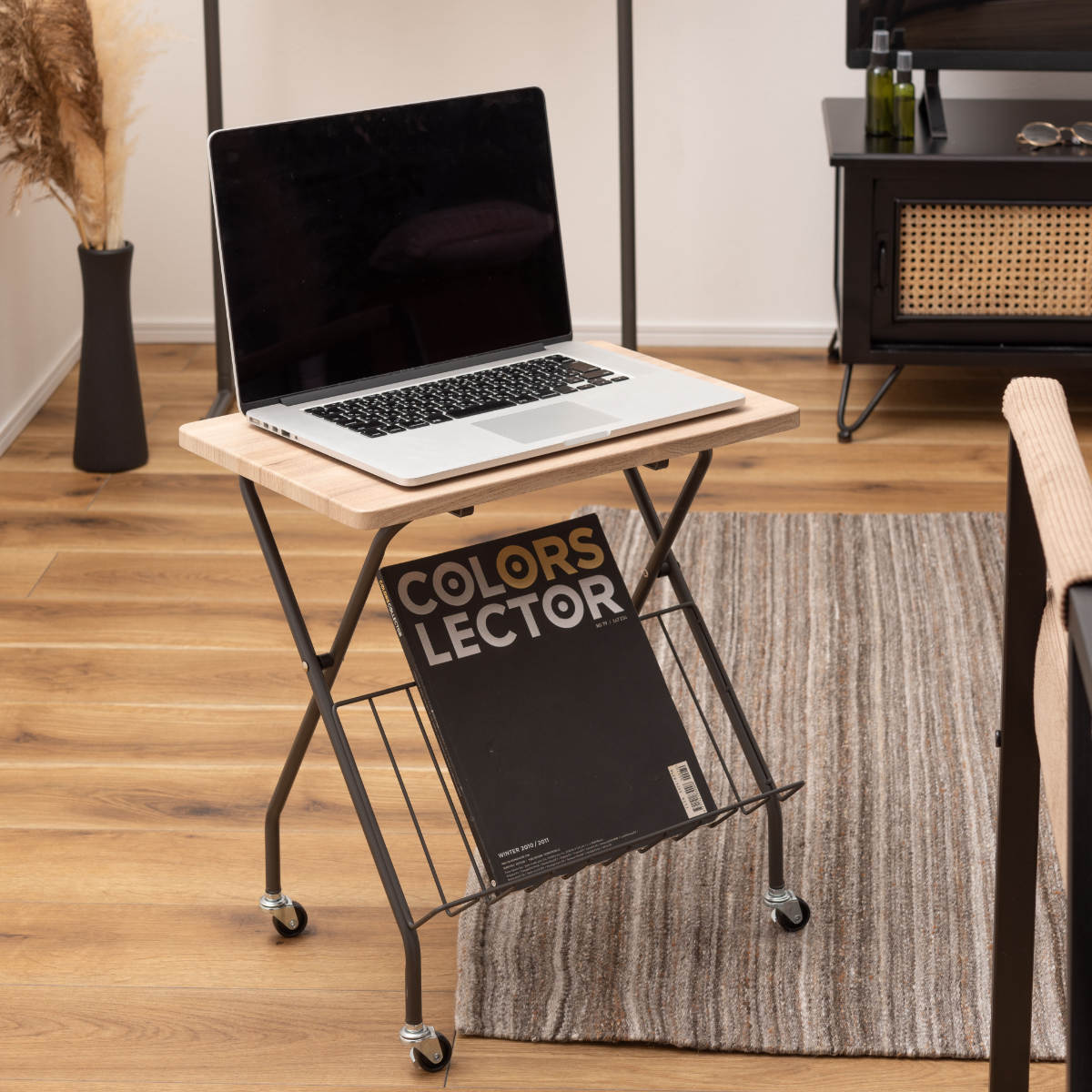 東谷 サイドテーブル 折りたたみ式 高さ47cm キャスターロック付