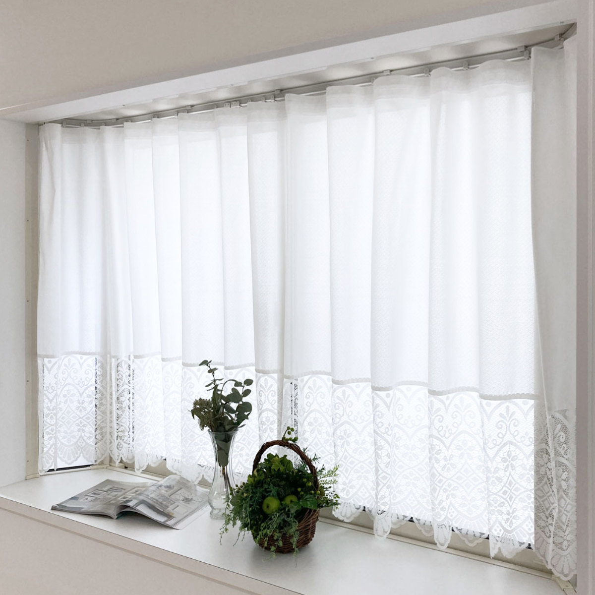 レースカーテン 小窓 フリル付き 300×130cm ミラーカーテン 花粉