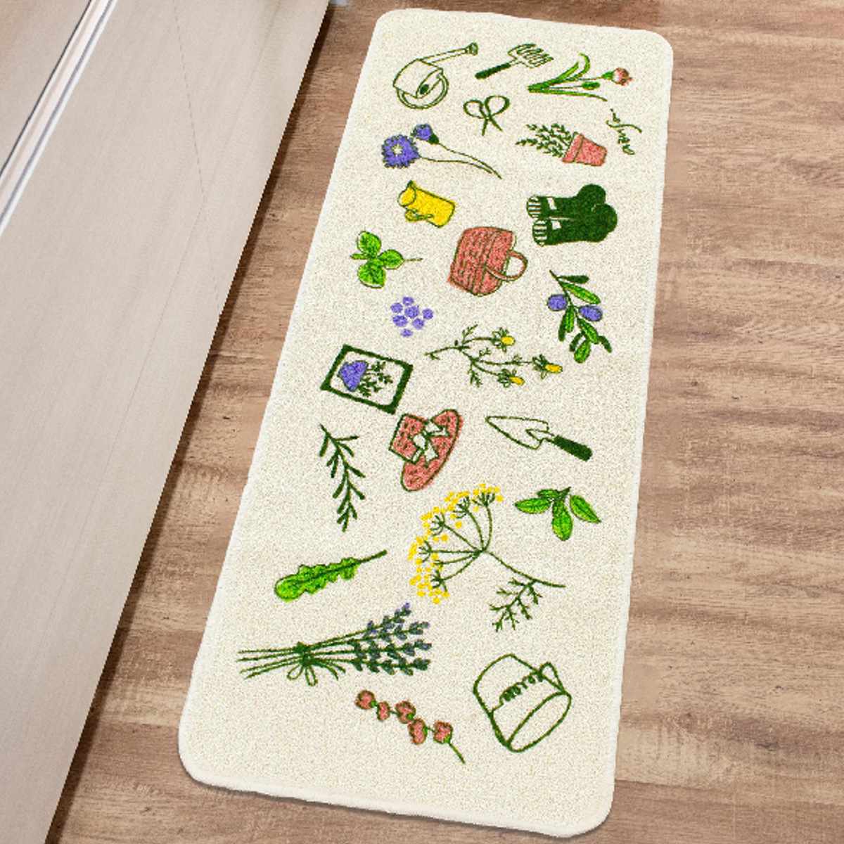 オカ キッチンマット 総柄 45x120cm ネコ 野菜 ガーデン （ 滑り止め