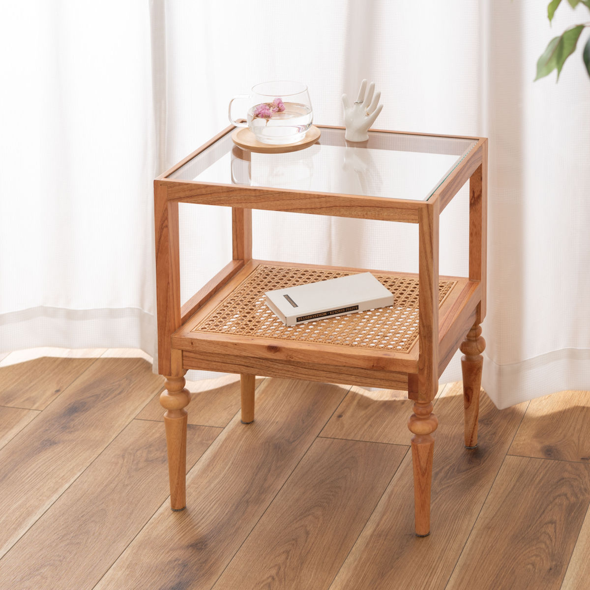 東谷 ミニシェルフ 幅40cm 1段 天然木 ろくろ脚 ラタン 完成品