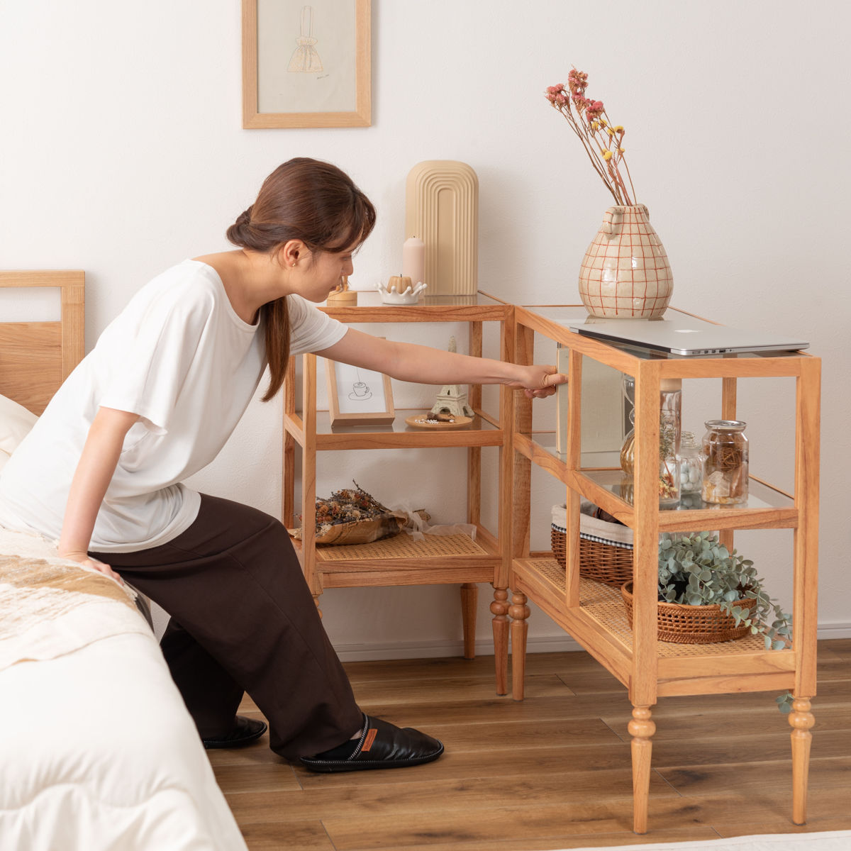 東谷 オープンシェルフ 幅40cm 2段 天然木 ろくろ脚 ラタン 完成品