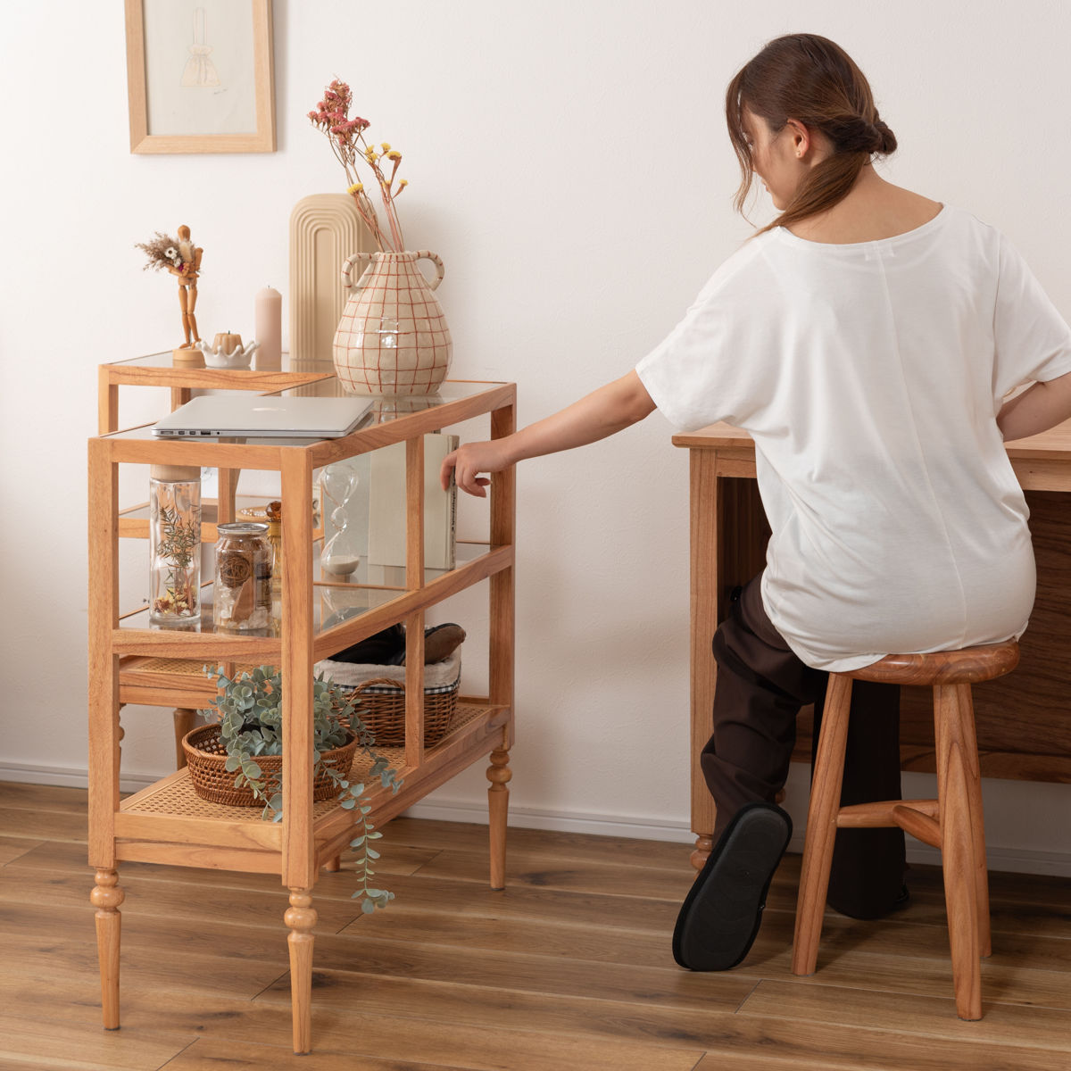 東谷 オープンシェルフ 幅80cm 2段 天然木 ろくろ脚 ラタン 完成品