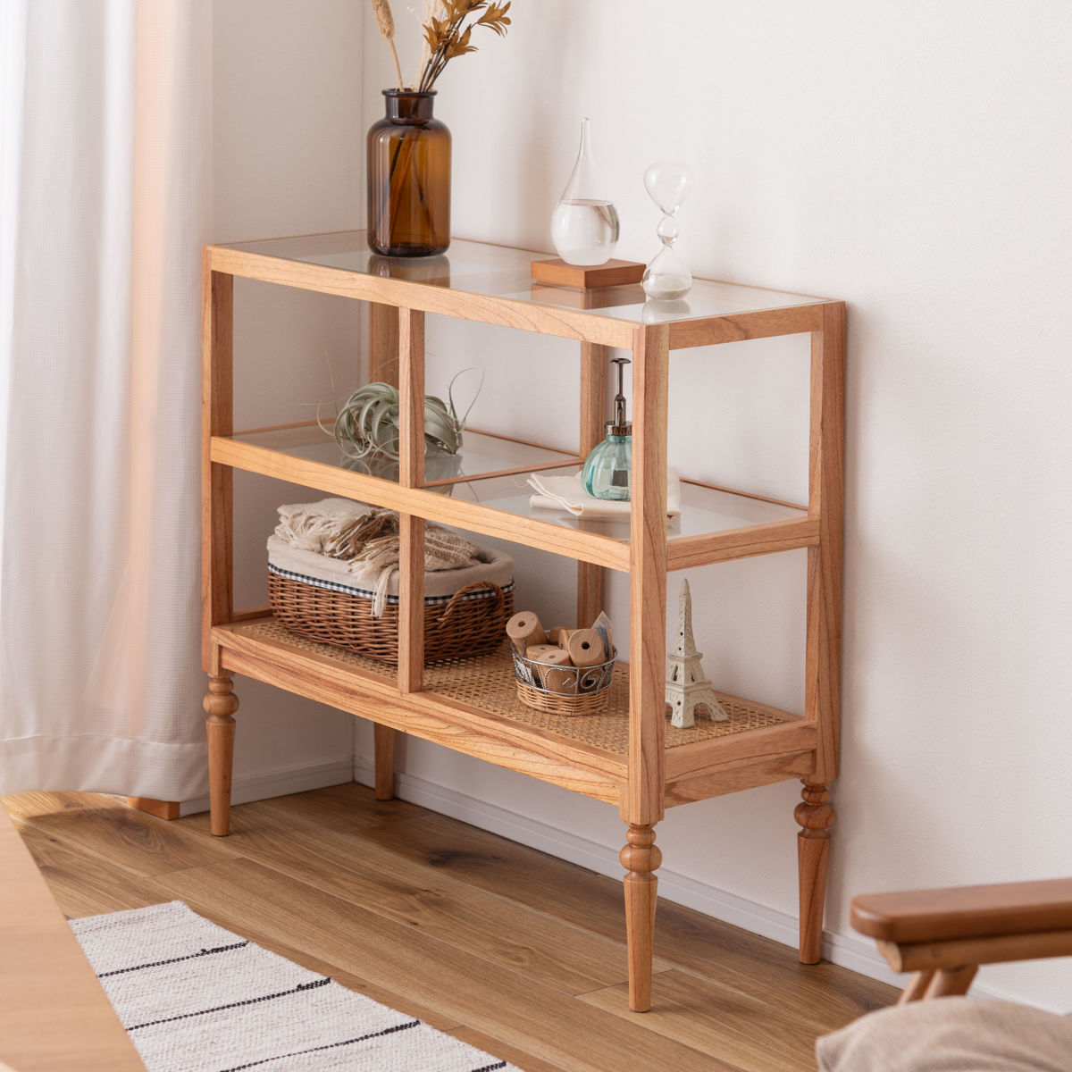 2点セット オープンラック 棚 食器棚 シェルフ 飾り棚 レトロ z870 東谷 オープンシェルフ 幅80cm 2段 天然木 ろくろ脚 ラタン 完成品