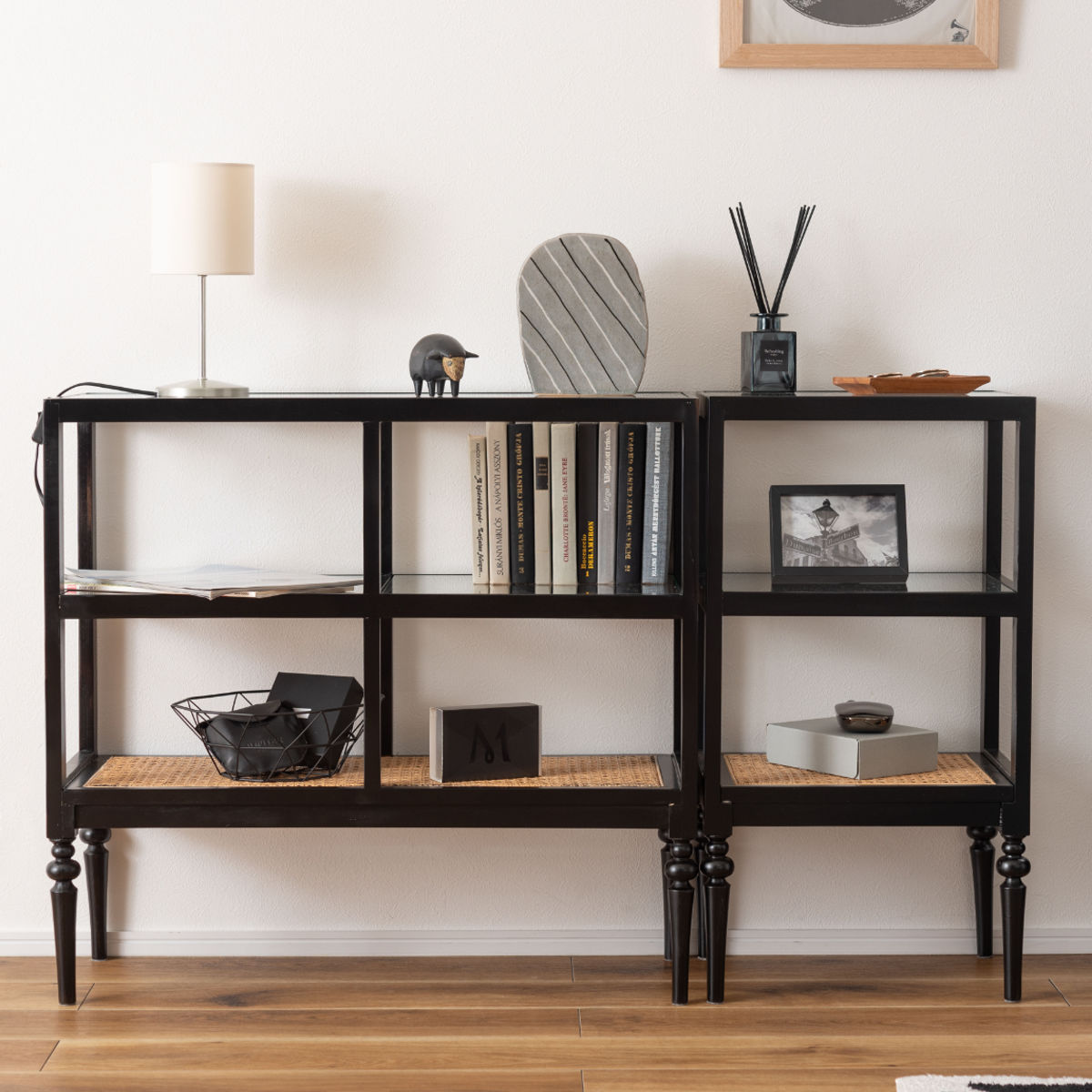 東谷 オープンシェルフ 幅80cm 2段 天然木 ろくろ脚 ラタン 完成品