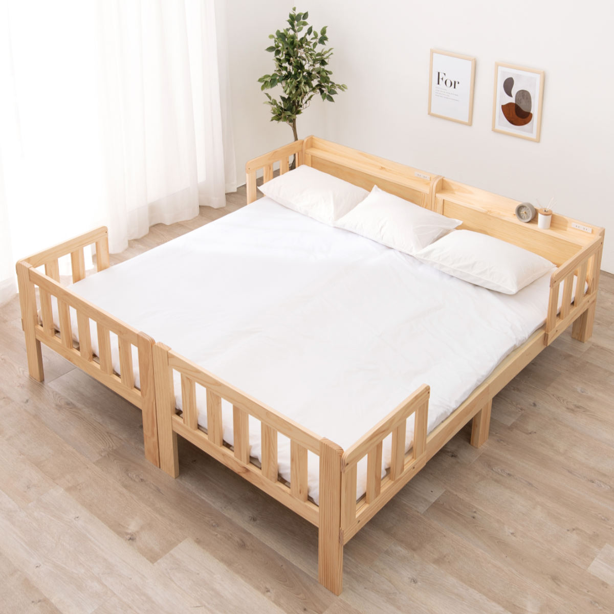 HAGiHARA（萩原） 連結ベッド 2台セット シングル ベッドガード付き