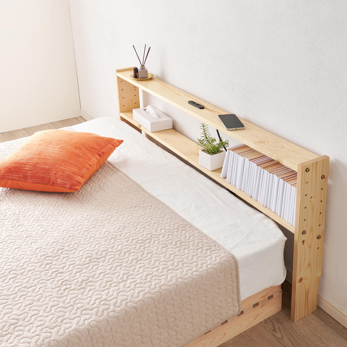 HAGiHARA（萩原） 後付けヘッドボード ダブル 2口コンセント 天然木 宮