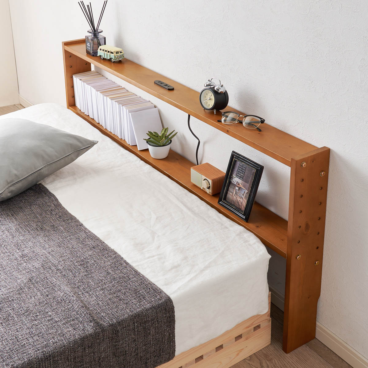 HAGiHARA（萩原） 後付けヘッドボード ダブル 2口コンセント 天然木 宮