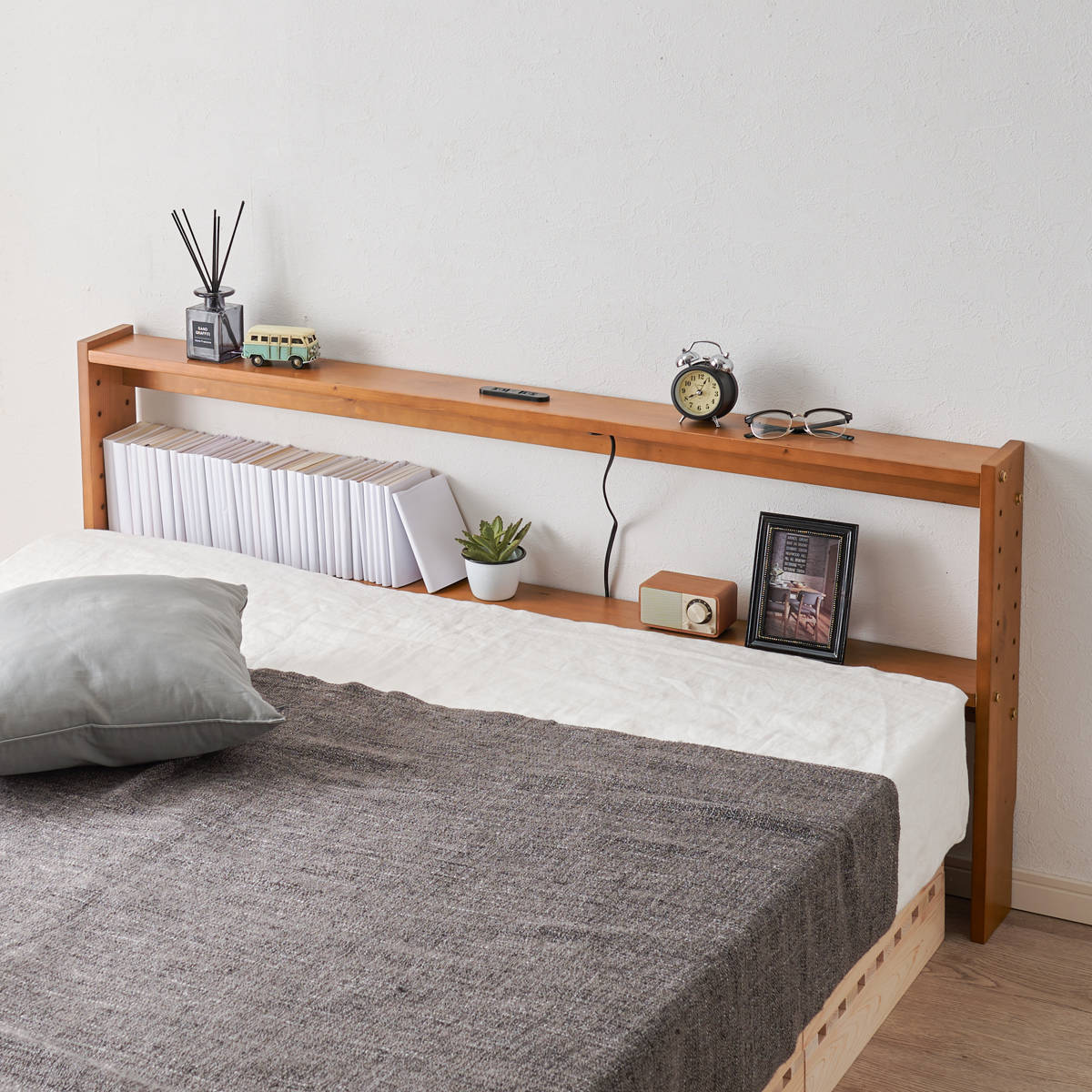 HAGiHARA（萩原） 後付けヘッドボード ダブル 2口コンセント 天然木 宮