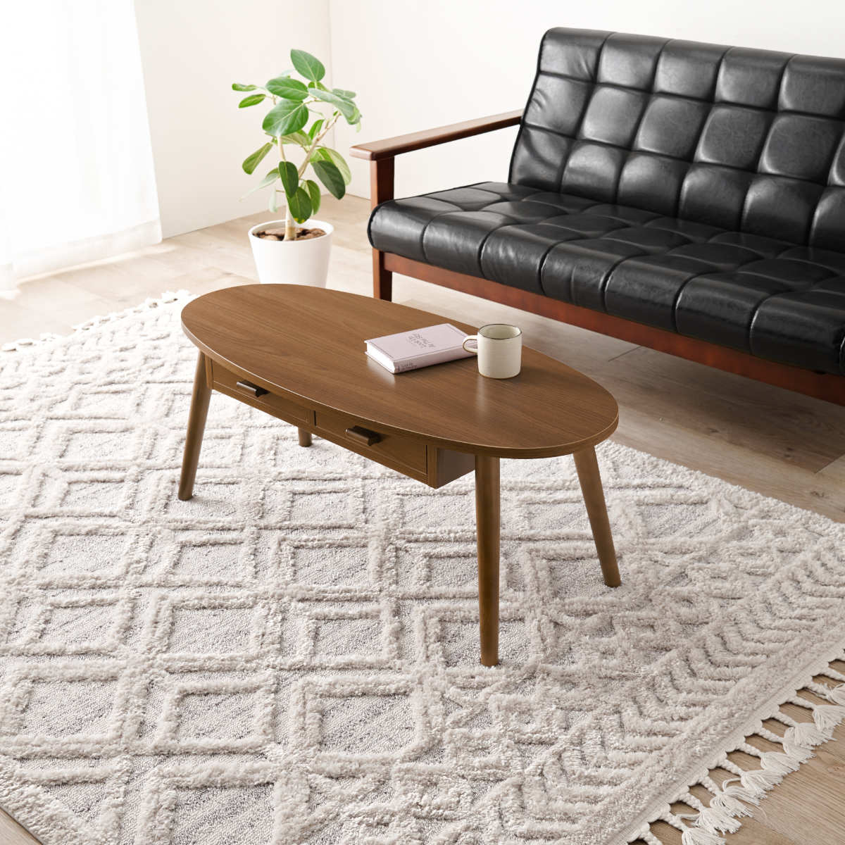 HAGiHARA（萩原） リビングテーブル 幅90cm 引出し2杯 オーバル型