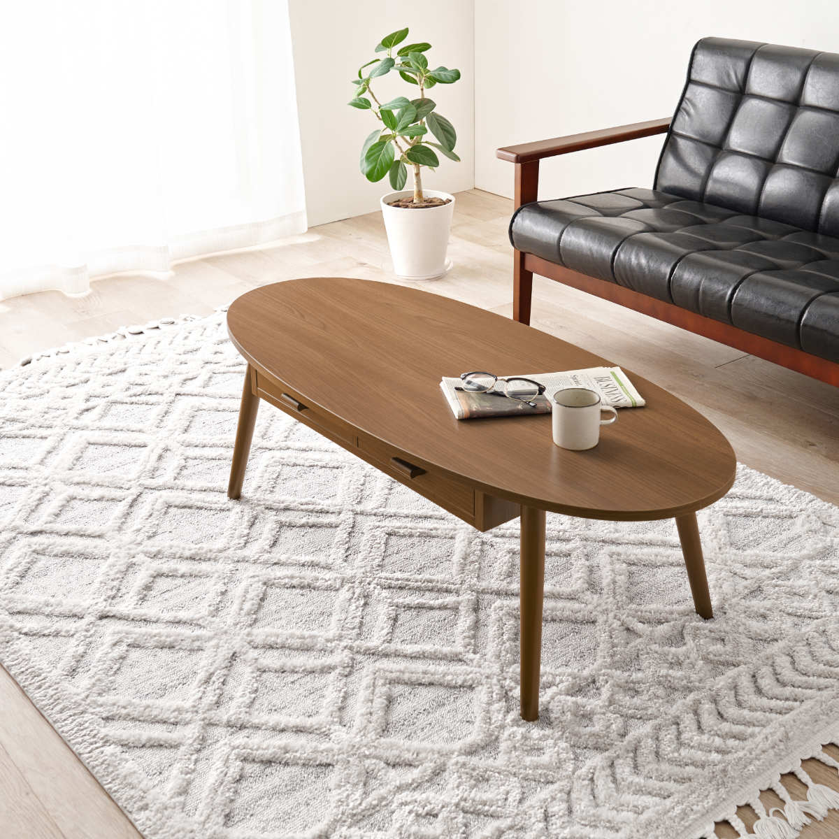 HAGiHARA（萩原） リビングテーブル 幅110cm 引出し2杯 オーバル型