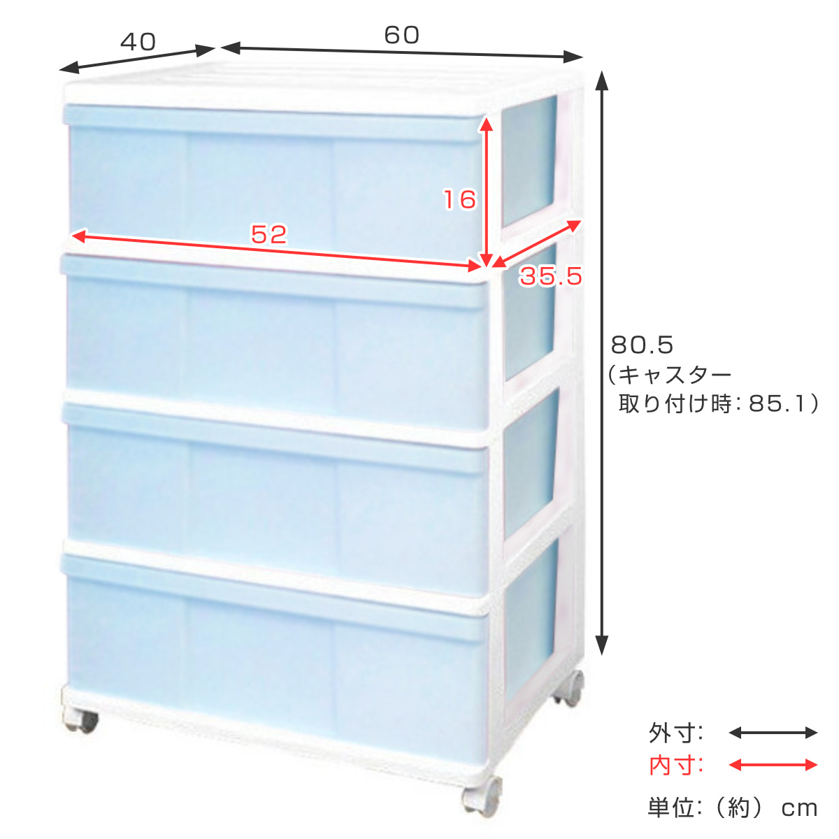 訳あり新品 幅60cm 4段チェスト キャスター付 005 チェスト ワイド 収納ケース 4段 キャスター付き パステルカラー 幅60