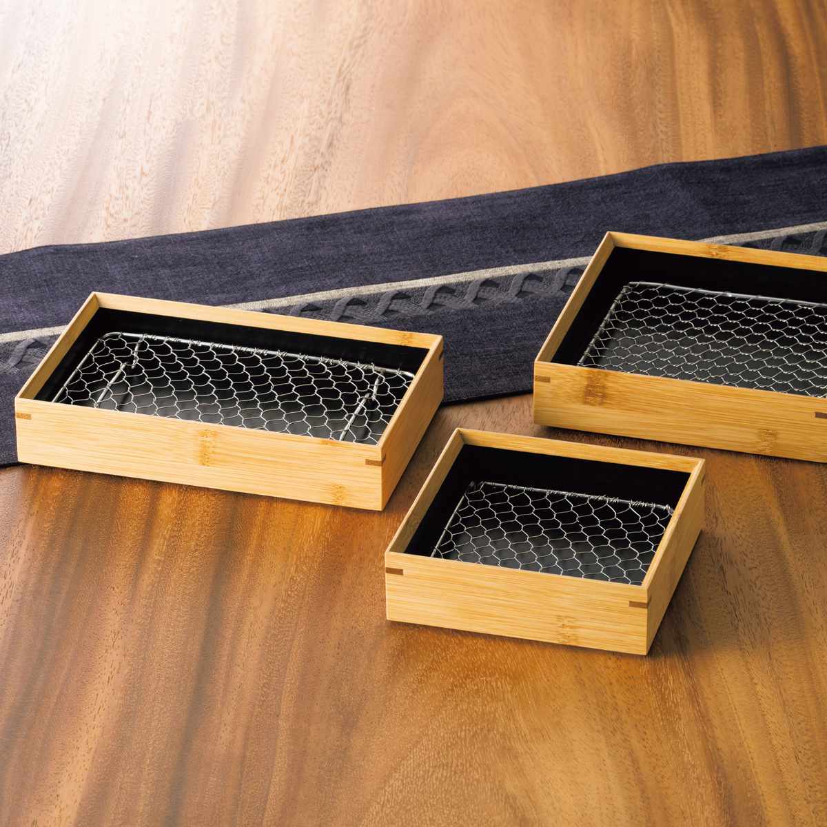 竹 天ぷら盛皿 内黒 ステンレス目皿付 長角 （ 天ぷら 皿 盛皿 日本製