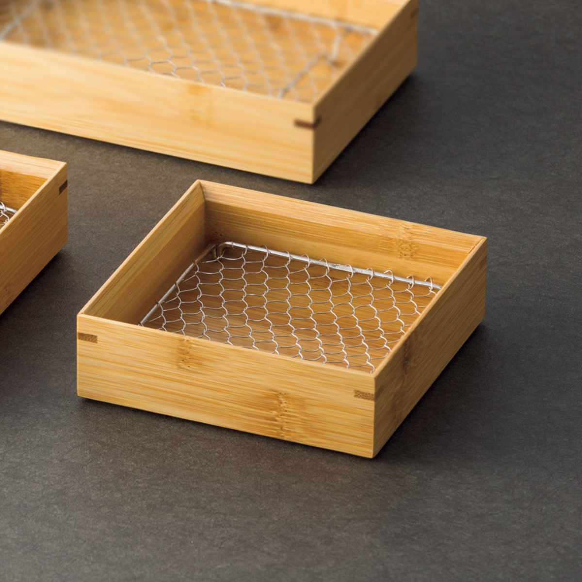 竹 天ぷら盛皿 クリアー ステンレス目皿付 正角4寸 （ 天ぷら 皿 盛皿