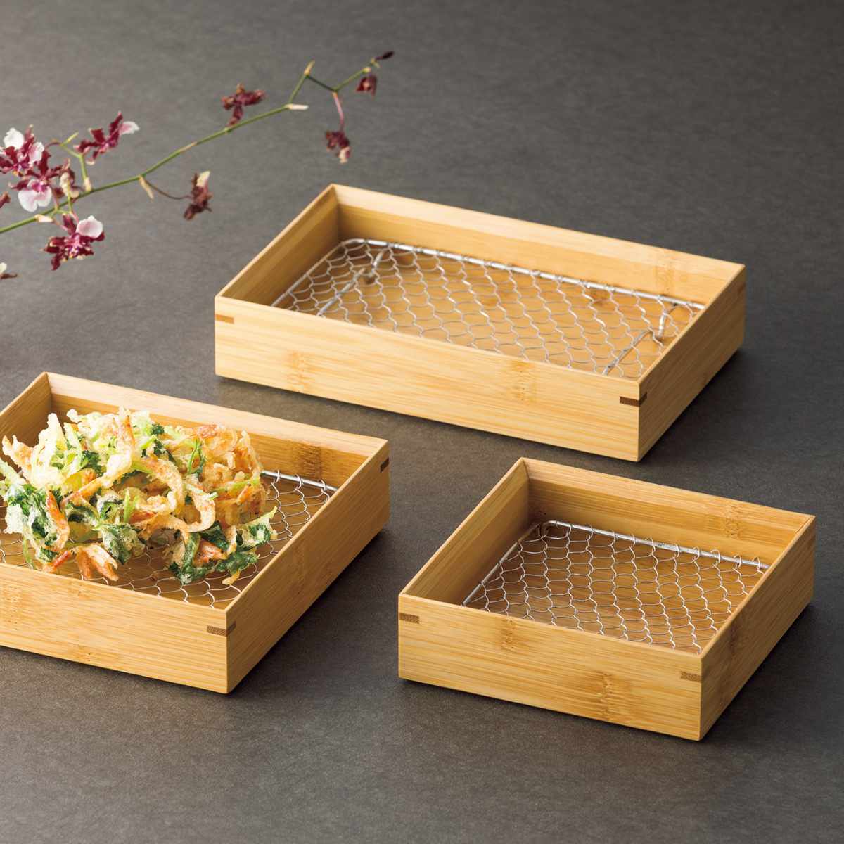 竹 天ぷら盛皿 クリアー ステンレス目皿付 正角4寸 （ 天ぷら 皿 盛皿