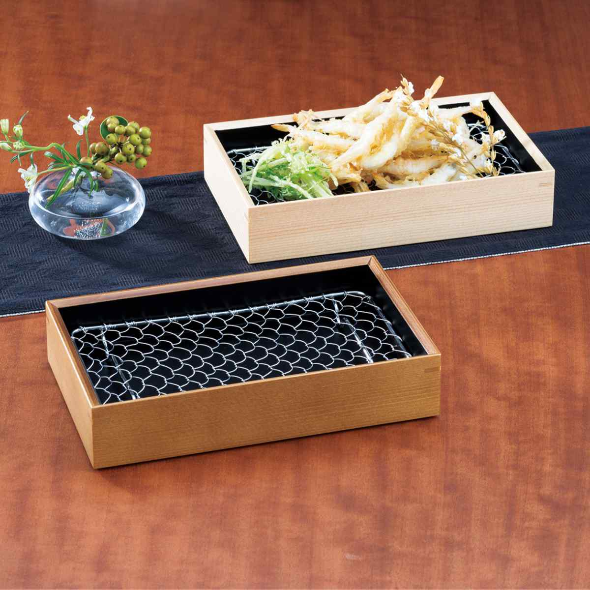 盛り皿 20cm クリア 内黒 天ぷら盛皿 木製 ステンレス （ 天ぷら 皿 中