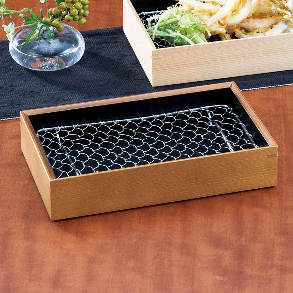 盛り皿 20cm ライトブラウン 内黒 天ぷら盛皿 木製 ステンレス