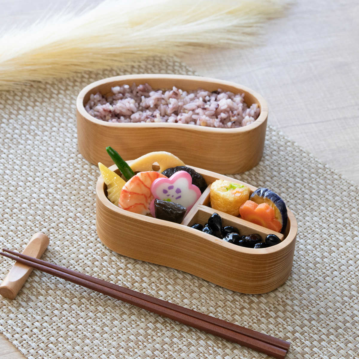 弁当箱 天然木くり抜き弁当箱 豆型2段 460ml ナノコート （ 弁当 お