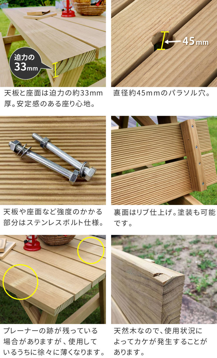 ガーデンテーブル 日本製ニュージーランドパインピクニックテーブル 幅