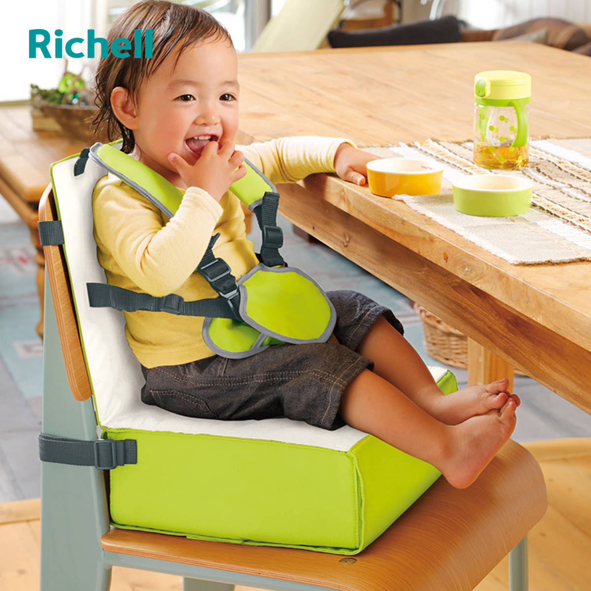 リルカル　シェニールダイニングシートきクッション　グリーン　6枚セット リッチェル（Richell） 高さ調節クッション ごきげん お食事クッション