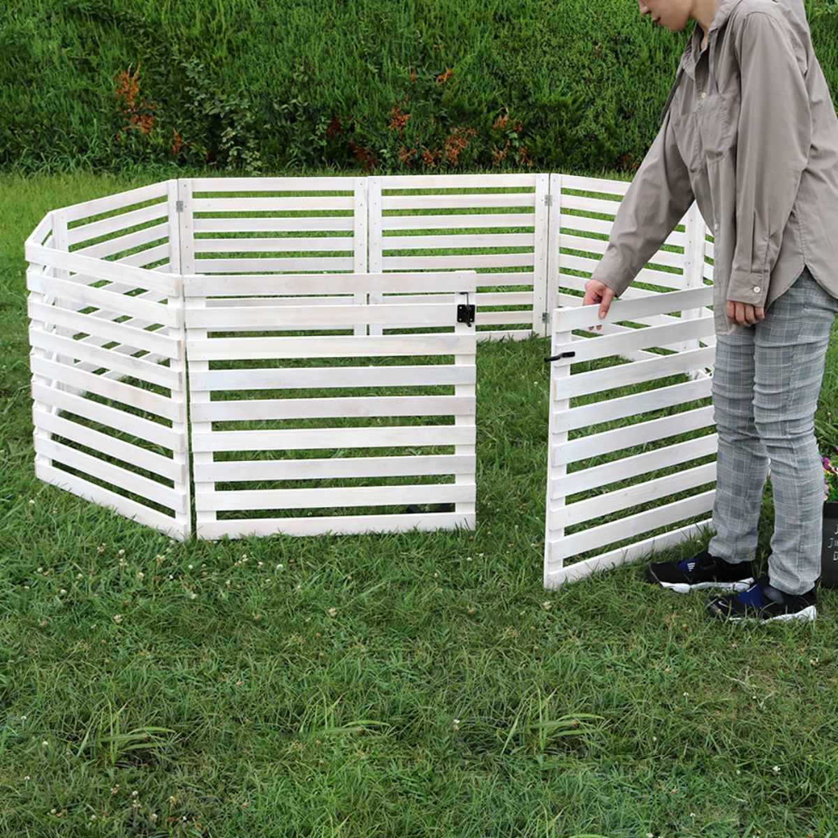 フェンス 木製 折り畳めるウッドフェンス ゲート付サークルセット 横