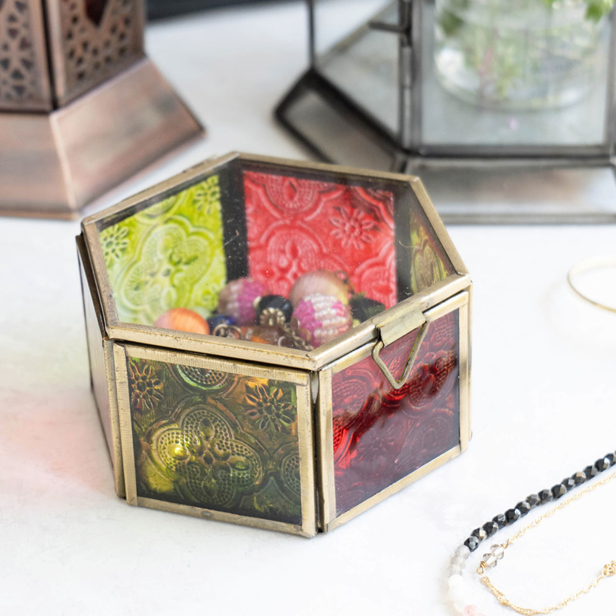 小物入れ モロッカン ガラスボックス ヘキサゴン 幅11×奥行10×高さ6cm