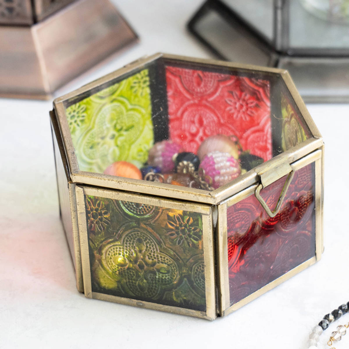 小物入れ モロッカン ガラスボックス ヘキサゴン 幅11×奥行10×高さ6cm